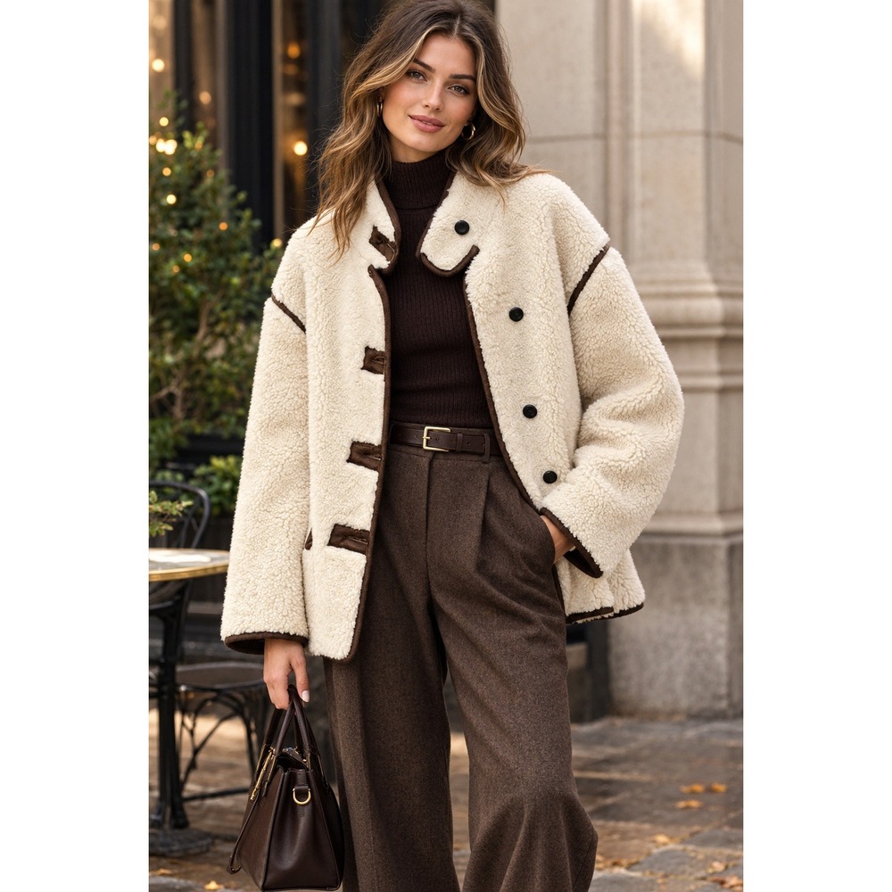 Commense Cream Faux Shearling Jacket Brown Contrast Trim Teddy Fleece Large